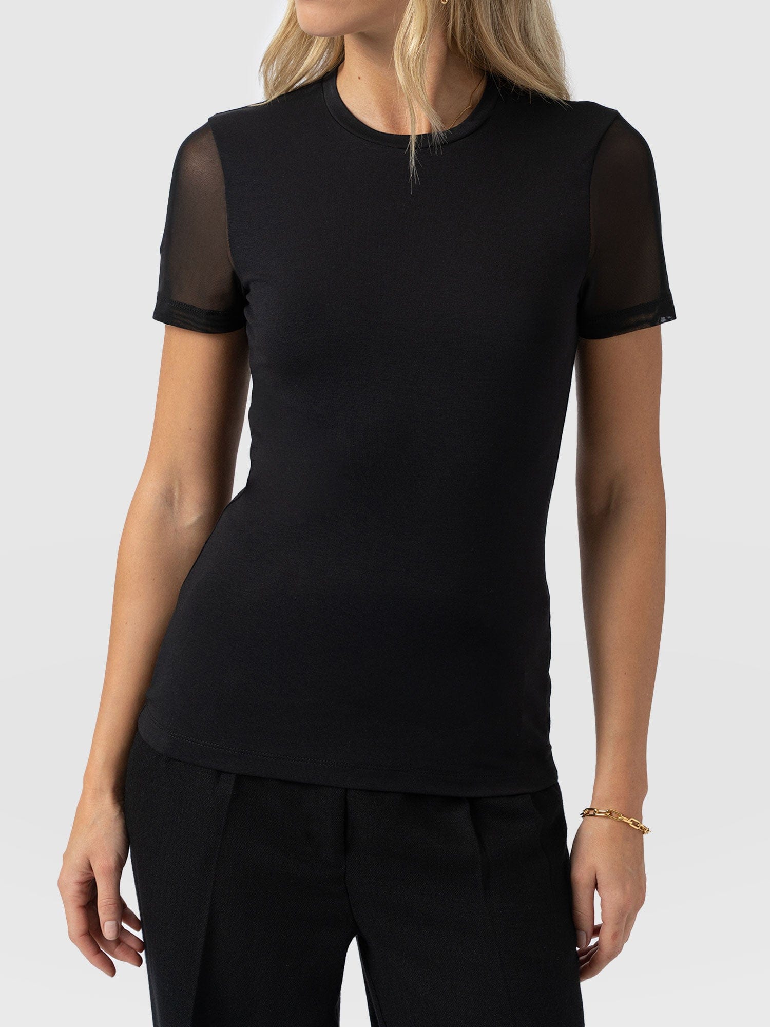 Austen Crew Neck Tee Short Sleeve - Black Mesh - Women's T-shirts | Saint + Sofia® EU